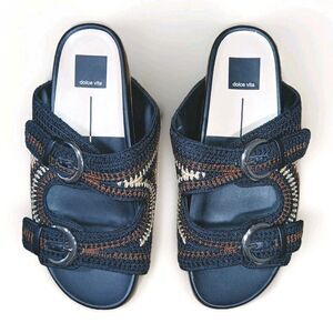 New ​DOLCE VITA Crochet Platform Slide Sandals Women's Size 8.5 Cork Weave Black